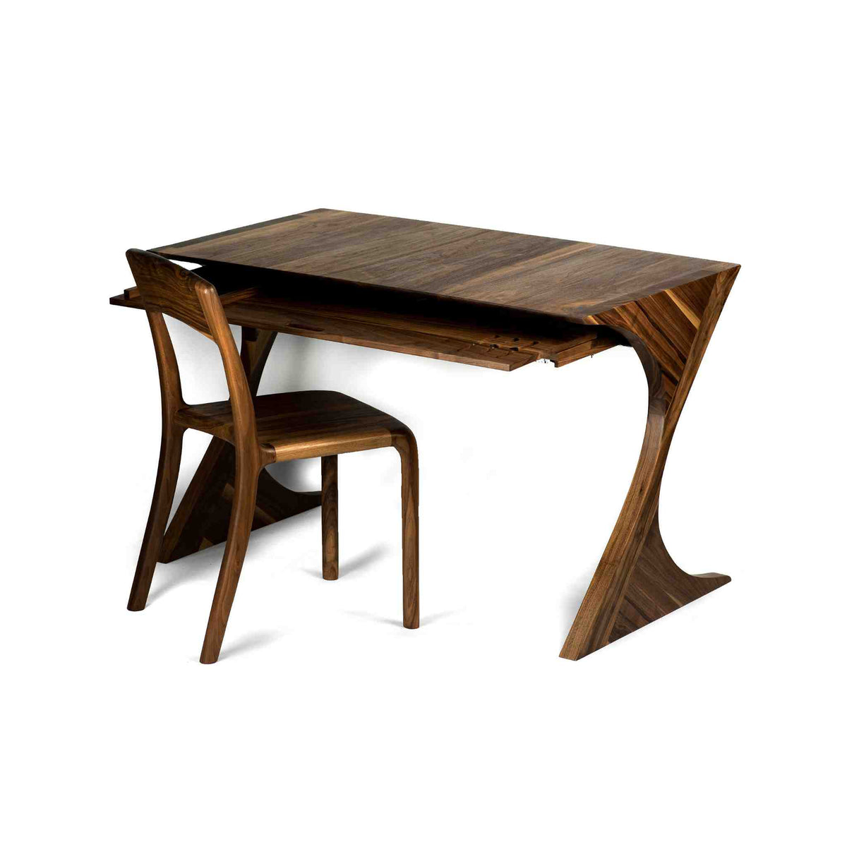 Chair arrangement with the Cervin desk with beautiful hourglass-shaped legs in solid walnut wood