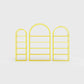 Arched bookcase Arkada, available in Switzerland through ÉTAUDORÉ, made from highest quality powdered coated steel in lemon yellow color