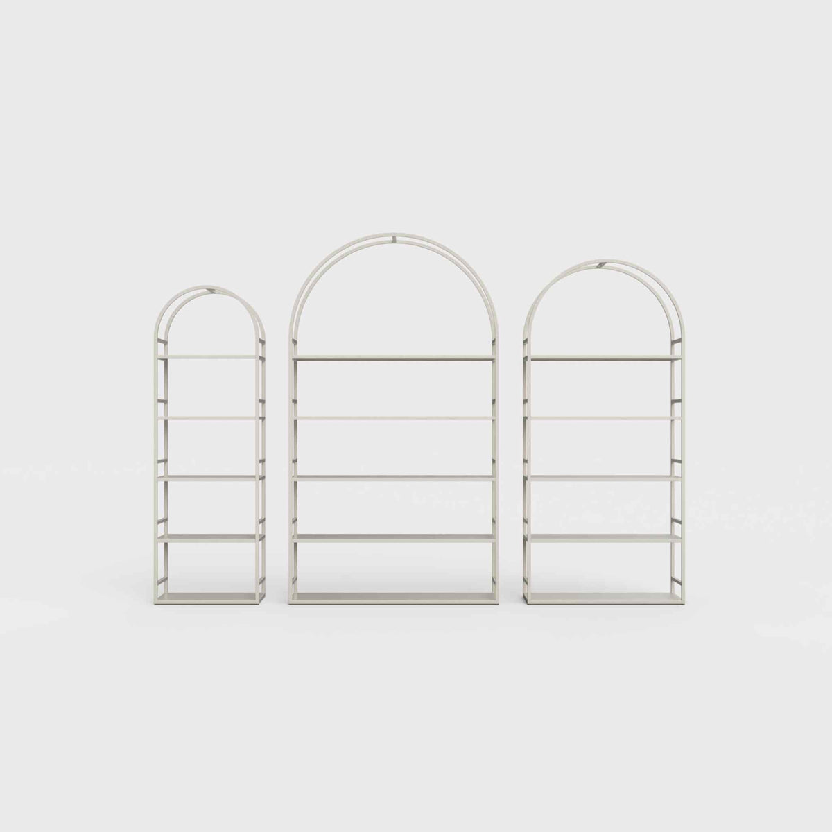Arched bookcase Arkada, available in Switzerland through ÉTAUDORÉ, made from highest quality powdered coated steel in light beige