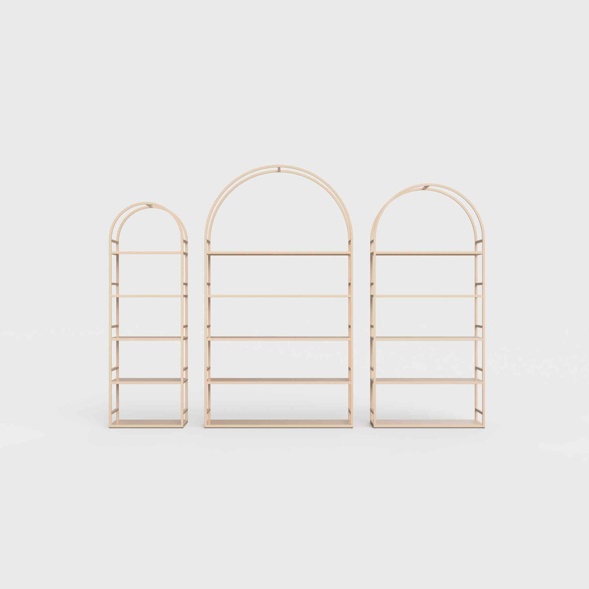 Arched bookcase Arkada, available in Switzerland through ÉTAUDORÉ, made from highest quality powdered coated steel in pastel salmon color