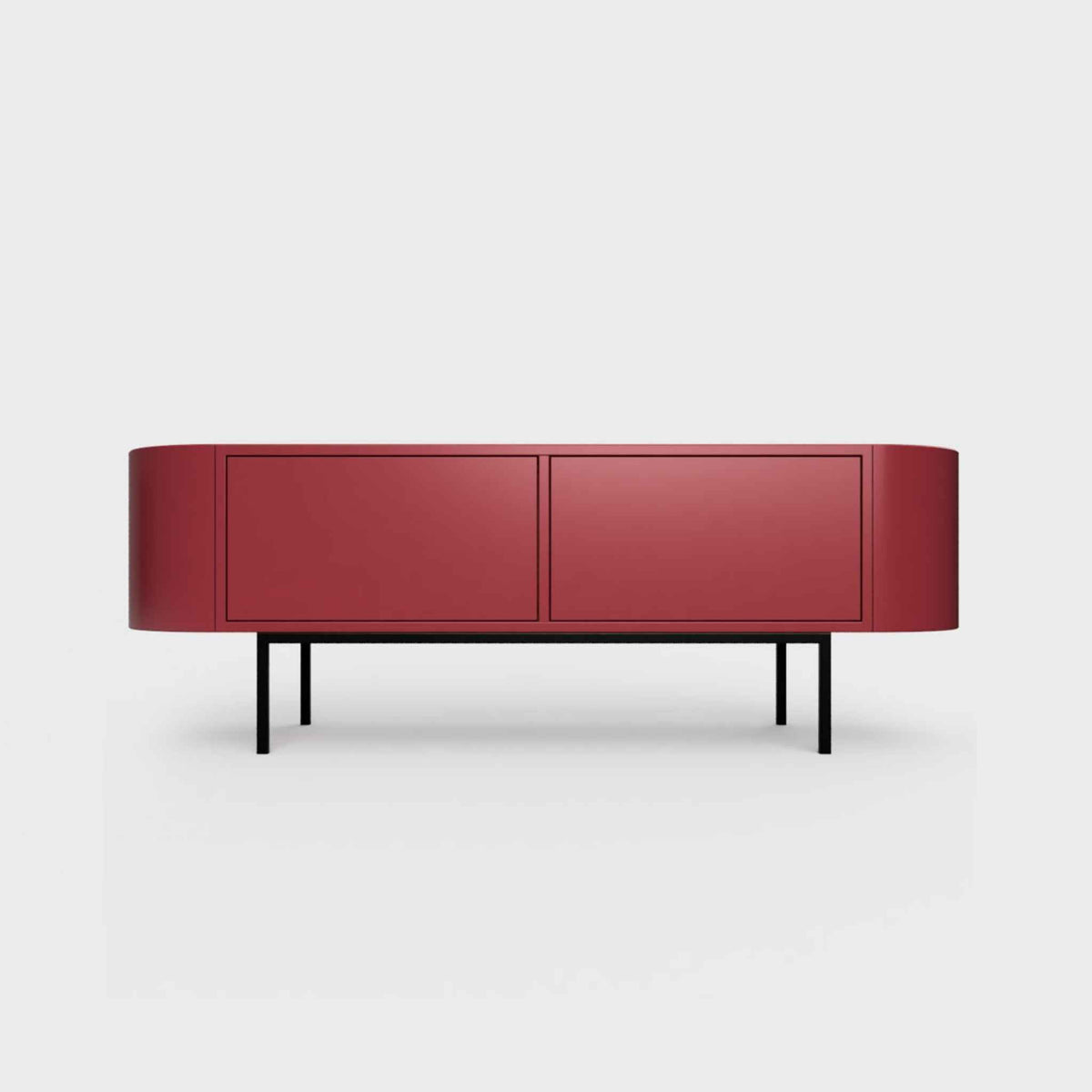 Curved Desiva Enna 01 lowboard in ruby red color steel, available in Switzerland via ÉTAUDORÉ