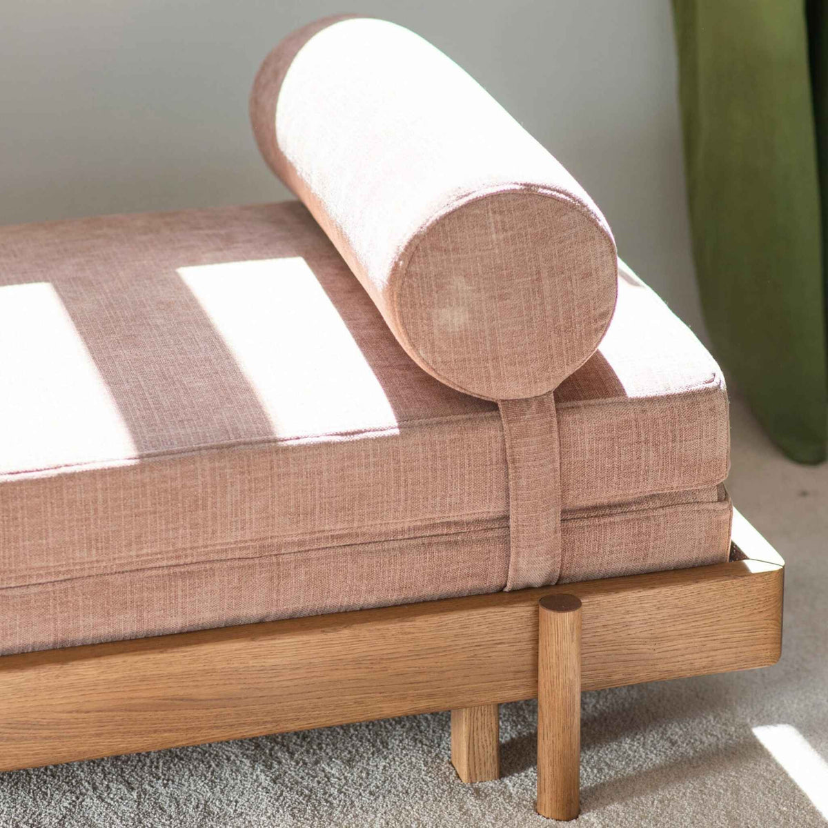 Headrest closeup of the ÉTAUDORÉ ÉLANDE Daybed in solid oak with upholstered mattress
