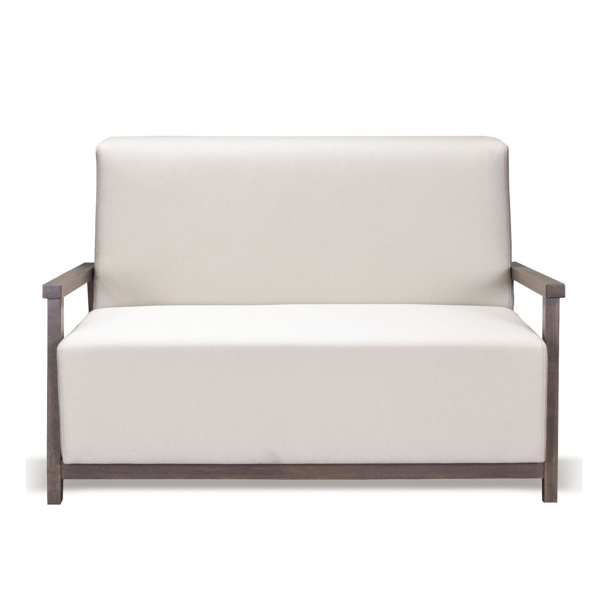 ÉTAUDORÉ Reuss sofa front view showing minimalist upholstered seat and exposed solid beech wood frame.
