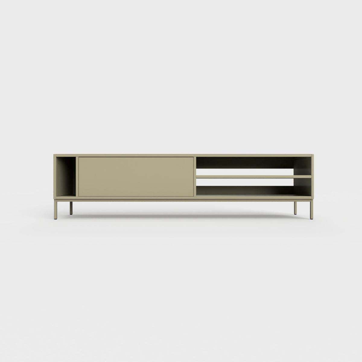 Prunus 03 Lowboard in light olive green-beige color, powder-coated steel, elegant and modern piece of furniture for your living room